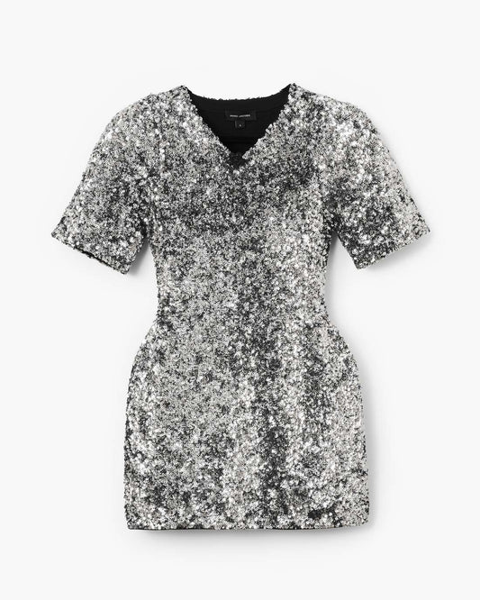 Sequin V-Neck Knit Dress Silver