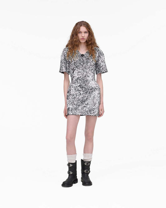 Sequin V-Neck Knit Dress Silver