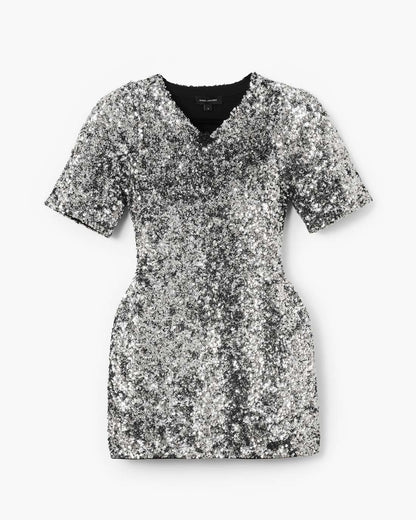 Sequin V-Neck Knit Dress Silver