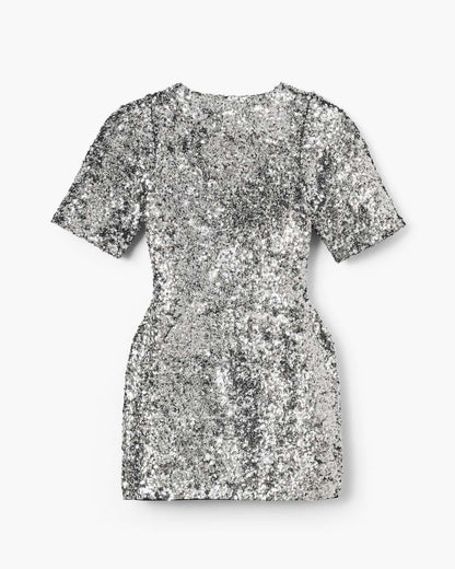 Sequin V-Neck Knit Dress Silver