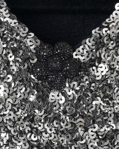 Sequin V-Neck Knit Dress Silver