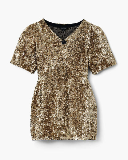 Sequin V-Neck Knit Dress Gold