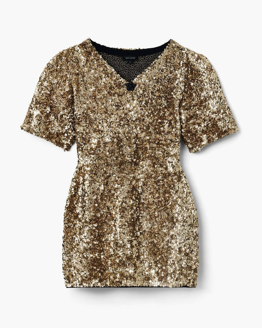Sequin V-Neck Knit Dress Gold