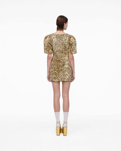 Sequin V-Neck Knit Dress Gold