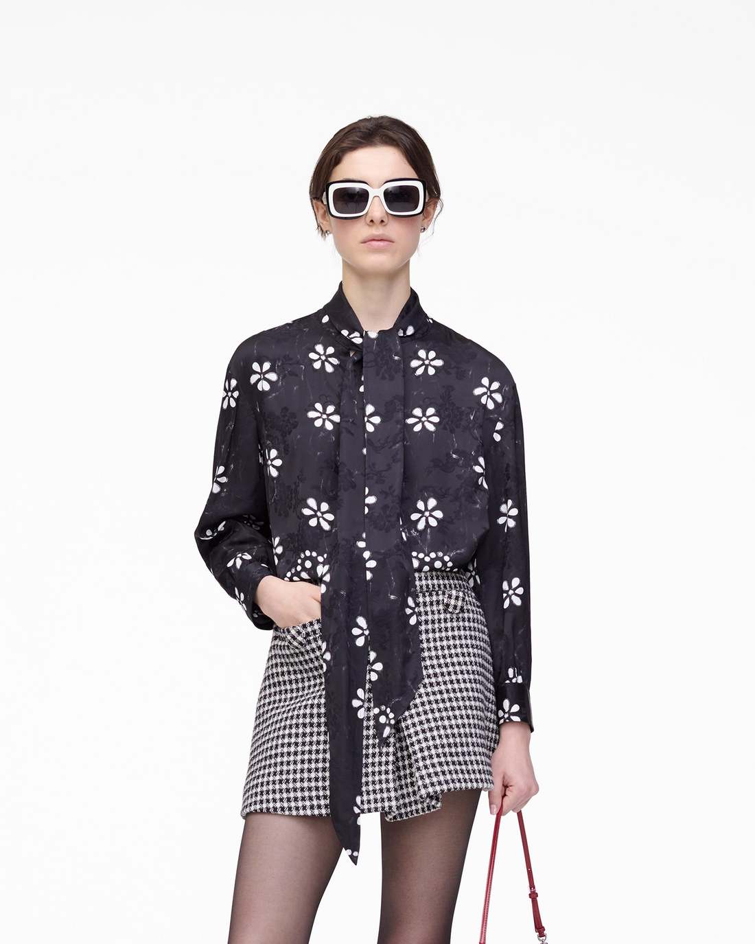 Trompe L'Oeil Eyelet Bow Blouse Black/White