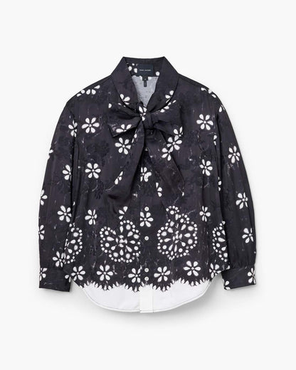 Trompe L'Oeil Eyelet Bow Blouse Black/White