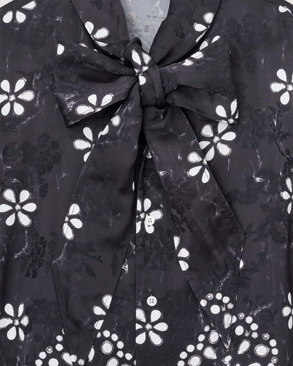 Trompe L'Oeil Eyelet Bow Blouse Black/White